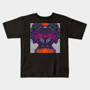 Purple Halloween Damask Print Spooky Ghosts, Bats, and Pumpkins Print Kids T-Shirt